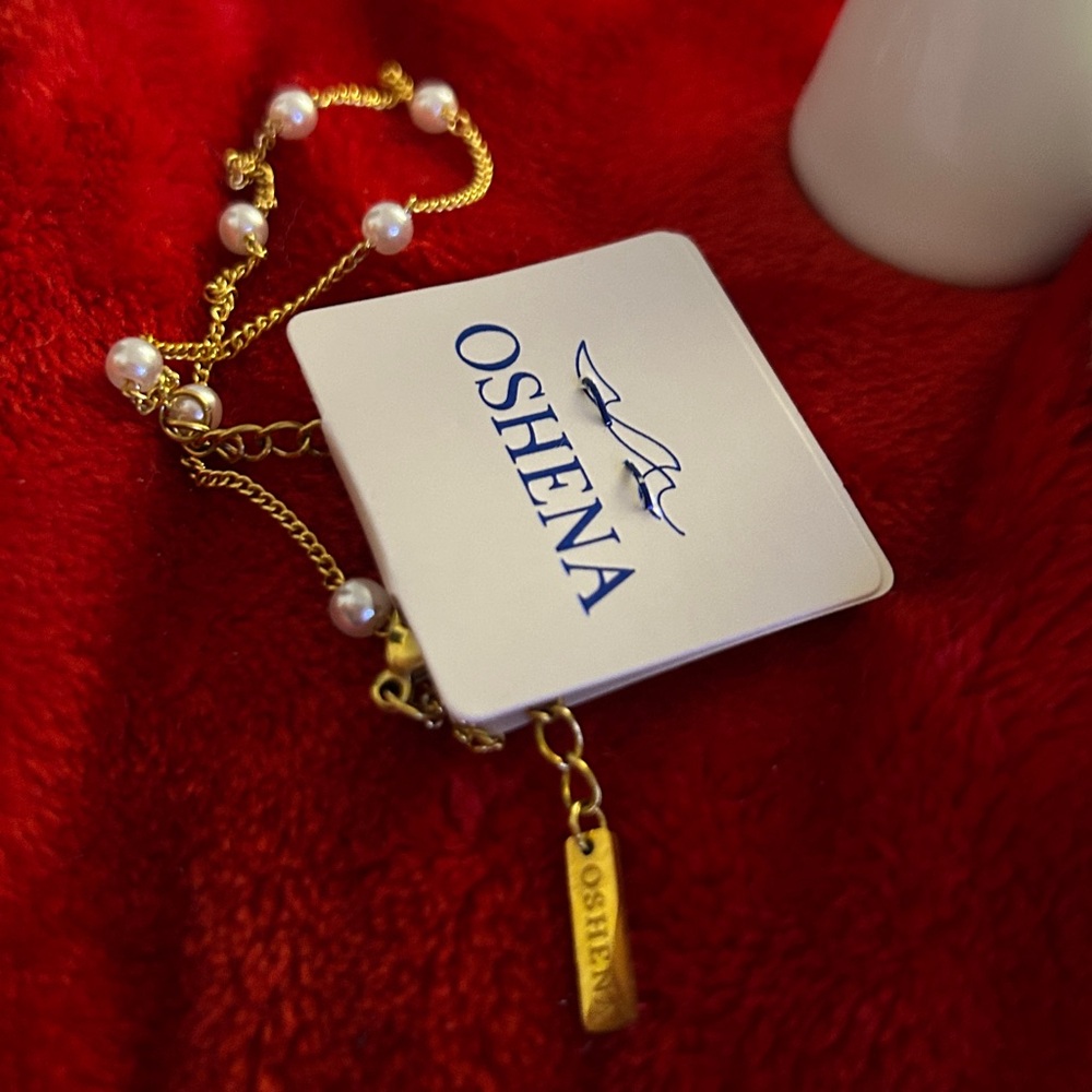 Oshena Designer Beachwear‎ Gold and White genuine Pearl Bracelet anklet 9 inch
